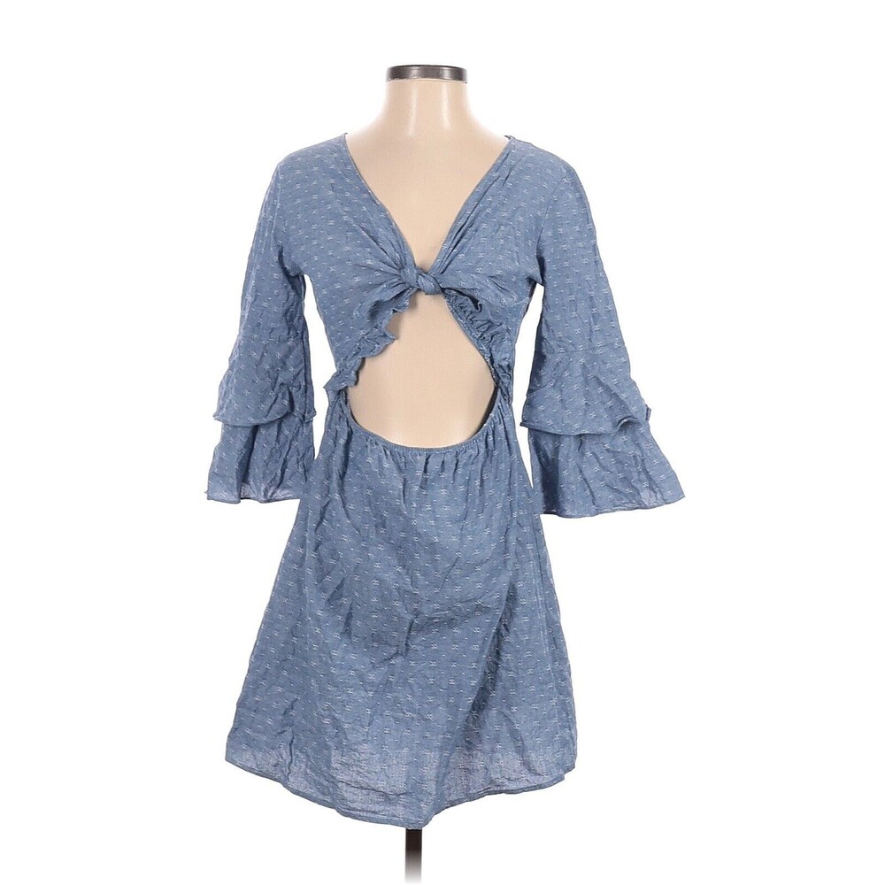 Farrow Womens Small Casual Denim Dress Cottagecore Plunge Short Bell Sleeve Bows